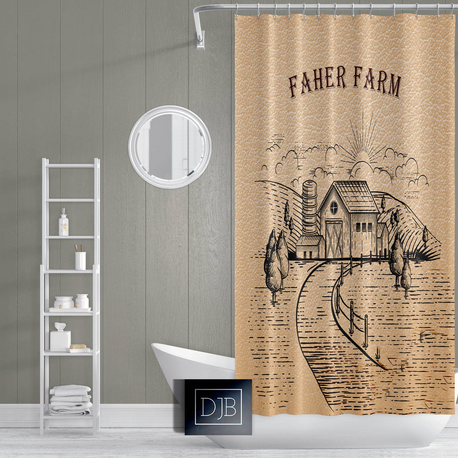 Personalized Tan Leather Farm Field Shower Curtain | Farmhouse Shower Curtain - Deja Blue Studios
