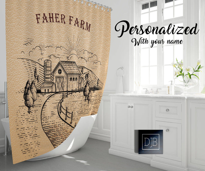 Personalized Tan Leather Farm Field Shower Curtain | Farmhouse Shower Curtain - Deja Blue Studios