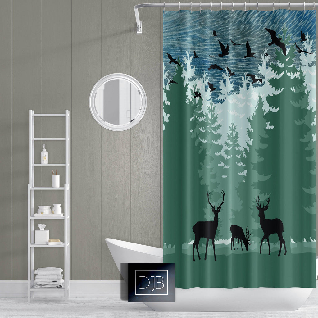 Rustic Forest Deer Shower Curtain | Forest Silhouette Bathroom Decor | Green and Blue Shower Curtain - Deja Blue Studios