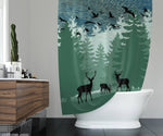 Rustic Forest Deer Shower Curtain | Forest Silhouette Bathroom Decor | Green and Blue Shower Curtain - Deja Blue Studios