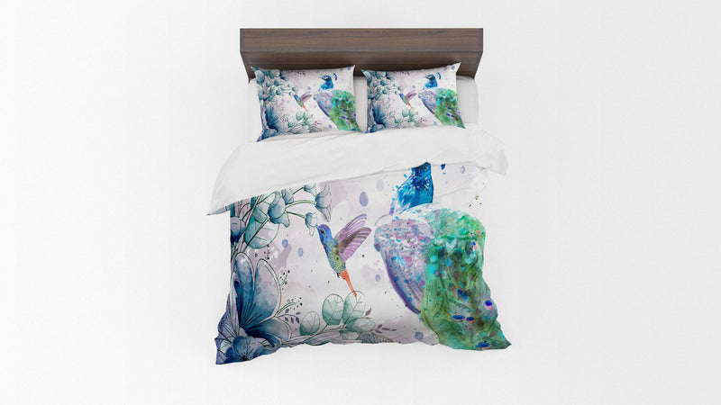 Watercolor Peacock and Hummingbird Comforter or Duvet Cover - Deja Blue Studios
