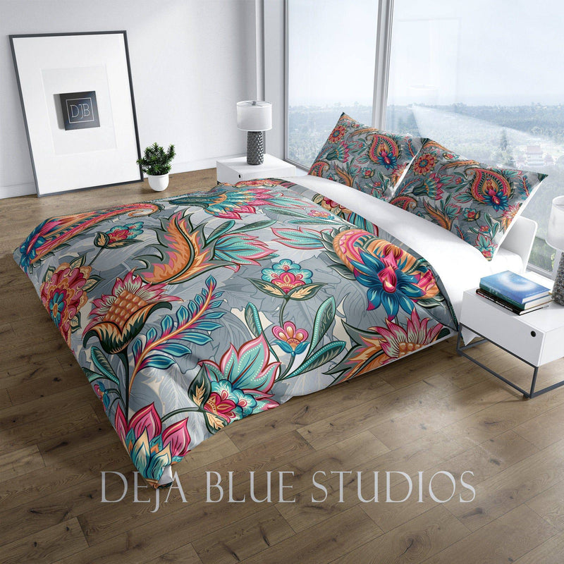 Modern Paisley Comforter or Duvet Cover | Twin, Queen, King Bedding | Gray Multi Color Paisley Pattern - Deja Blue Studios