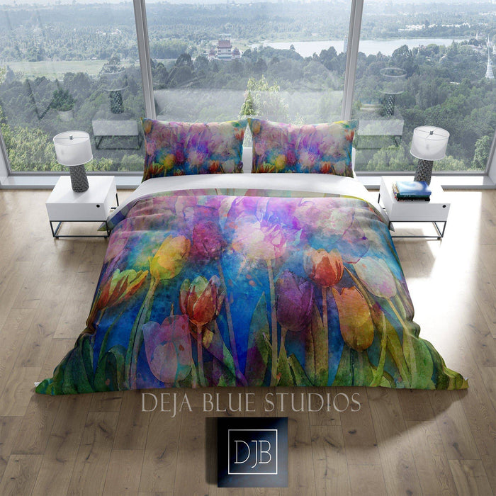 Pastel Watercolor Flowers Duvet Cover | Twin, Queen, King Size | Green and Purple Bedding | Pillow Shams - Deja Blue Studios