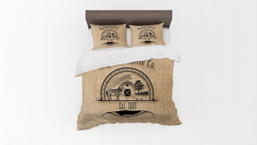 Personalized Duvet Cover | Rustic Farmhouse Bedding | Twin, Queen, King Size | Cow and Pig | Farm Name Logo | Pillow Shams - Deja Blue Studios