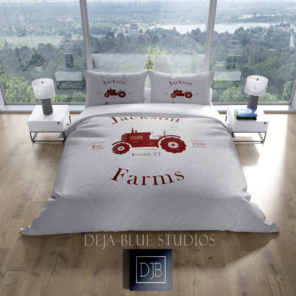 Personalized Bedding, Comforter or Duvet Cover| Red Tractor, Farm Name with Established Date | Twin, Queen, King Size | Farmhouse Bedding - Deja Blue Studios