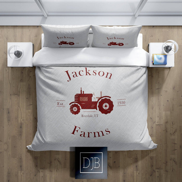 Personalized Bedding, Comforter or Duvet Cover| Red Tractor, Farm Name with Established Date | Twin, Queen, King Size | Farmhouse Bedding - Deja Blue Studios