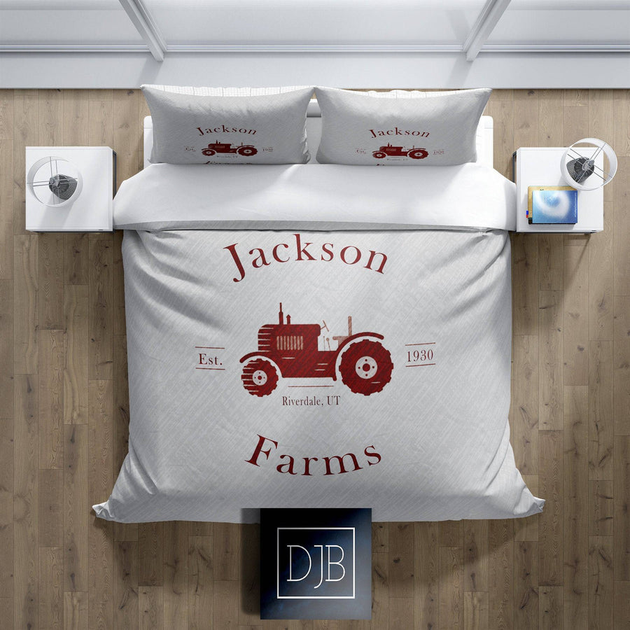 Personalized Bedding, Comforter or Duvet Cover| Red Tractor, Farm Name with Established Date | Twin, Queen, King Size | Farmhouse Bedding - Deja Blue Studios