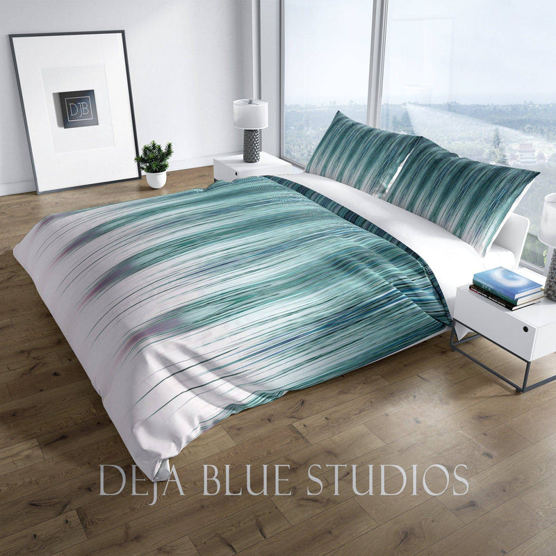 Peacock Stripe Comforter or Duvet Cover | Twin, Queen, King Size Bedding | Teal and White - Deja Blue Studios
