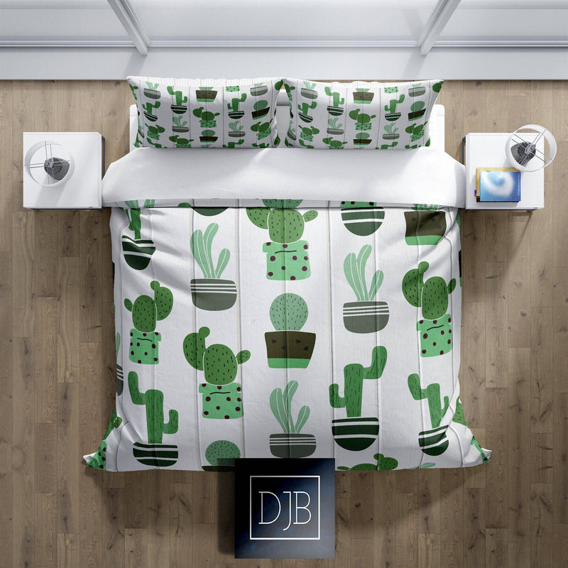 Whimsical Green Cactus on White Wood Comforter or Duvet Cover - Deja Blue Studios