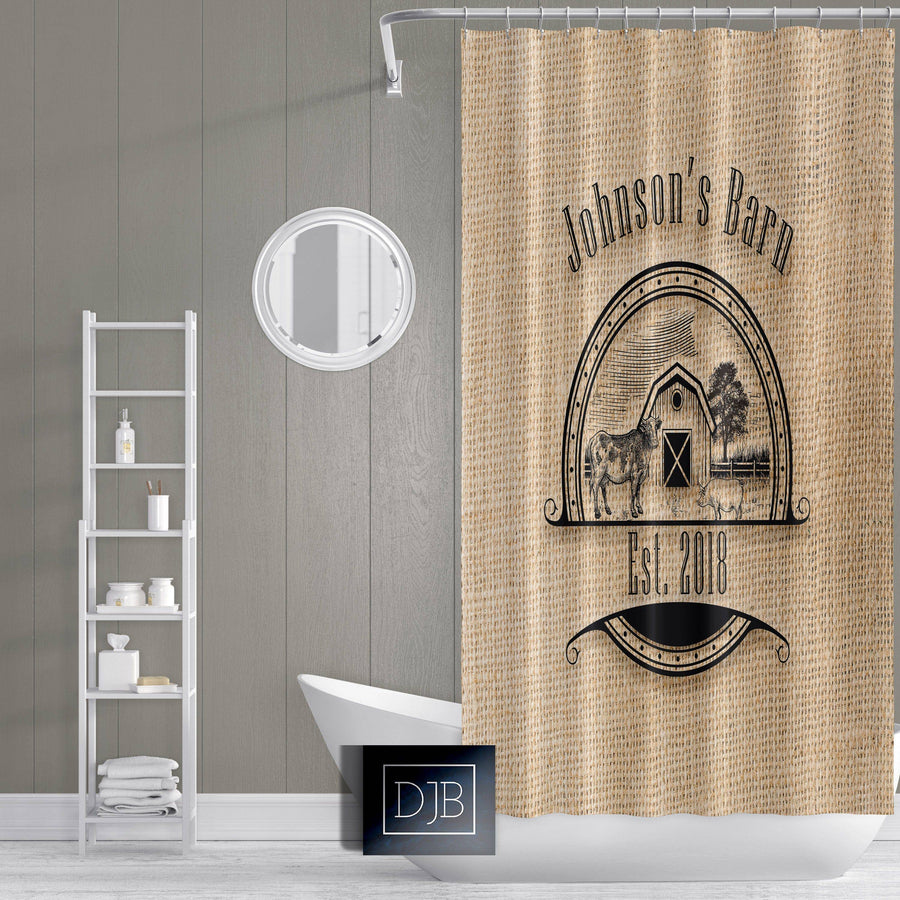 Rustic Farmhouse Shower Curtain Personalized | Cow and Pig Logo on Faux Burlap or Rustic Wood Print - Deja Blue Studios