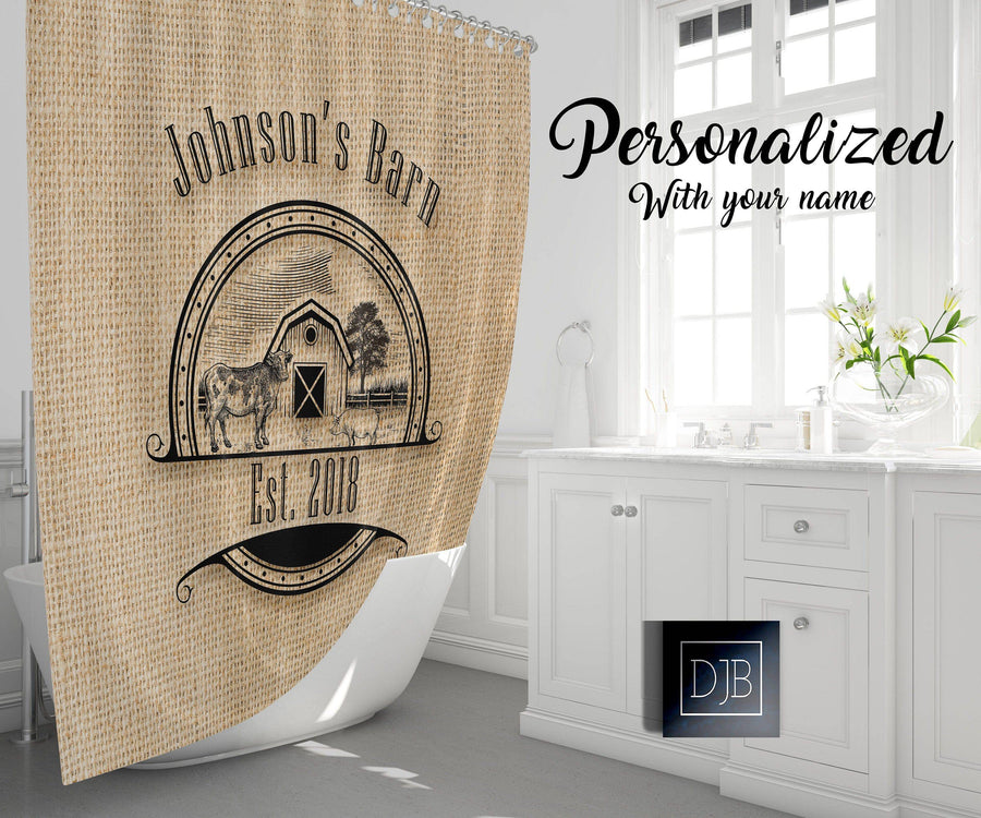 Rustic Farmhouse Shower Curtain Personalized | Cow and Pig Logo on Faux Burlap or Rustic Wood Print - Deja Blue Studios
