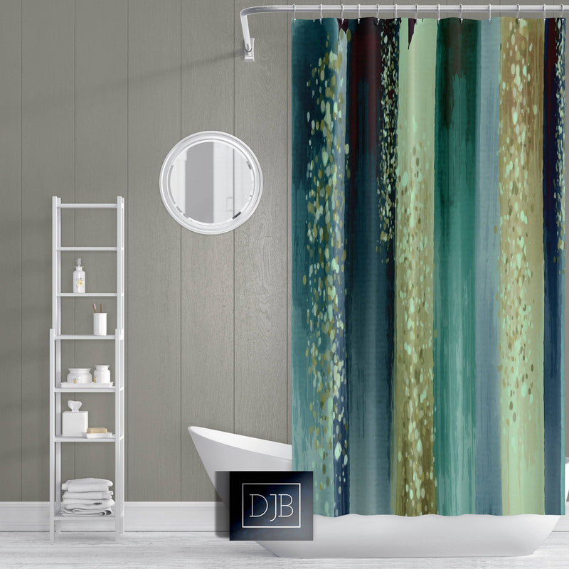 Striped Watercolor Boho Style Deep Ocean Shower Curtain | Ocean Mist | Bathroom Decor - Deja Blue Studios