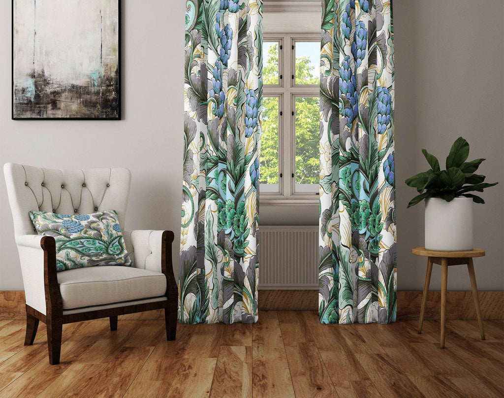 Blue and Green Paisley Floral Window Curtain Panels - Deja Blue Studios