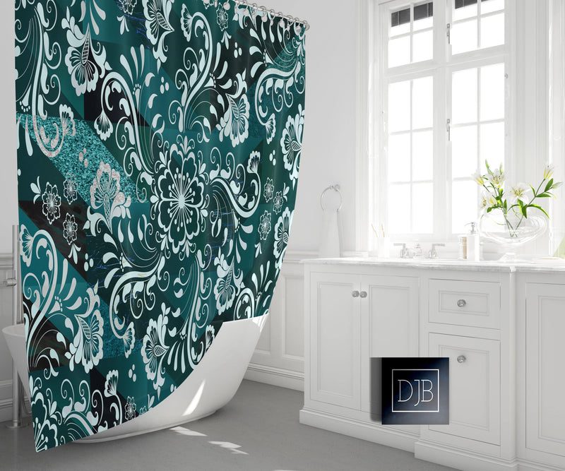 Vibrant Green & Teal Modern Damask Shower Curtain | Cool Pattern Shower Curtain | Bathroom Decor - Deja Blue Studios