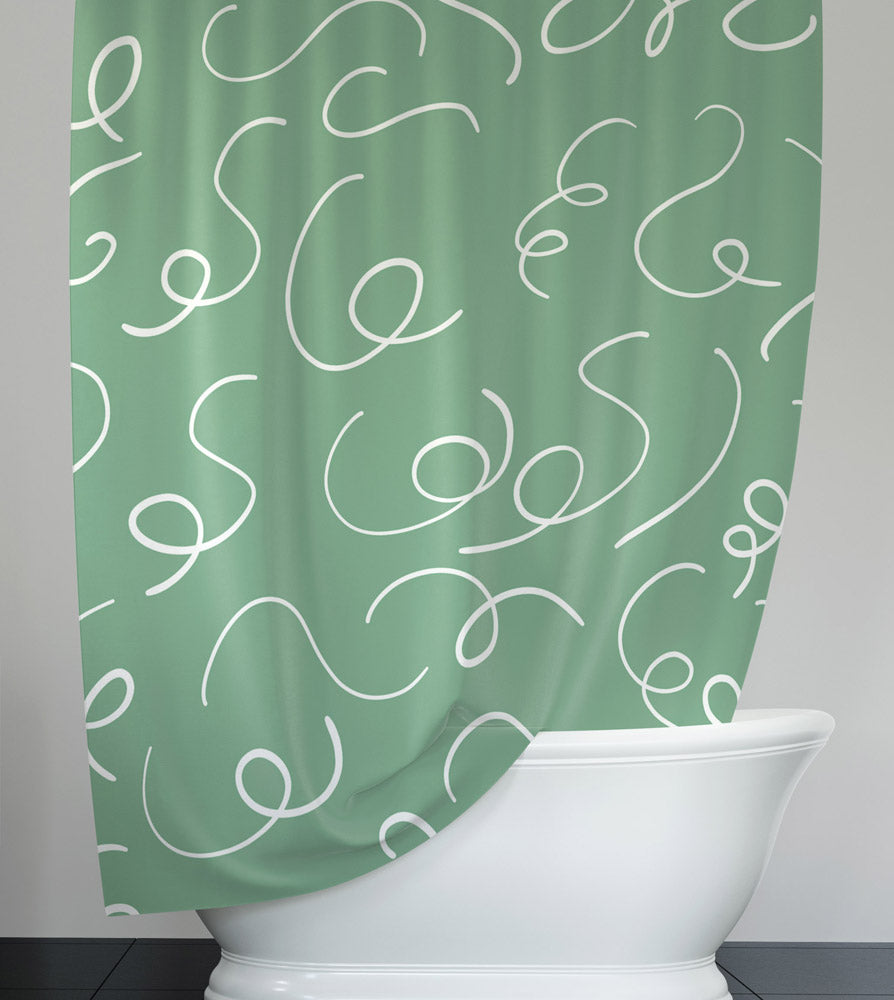 Green and White Chic Whimsical Squiggle Lines Shower Curtain - Deja Blue Studios