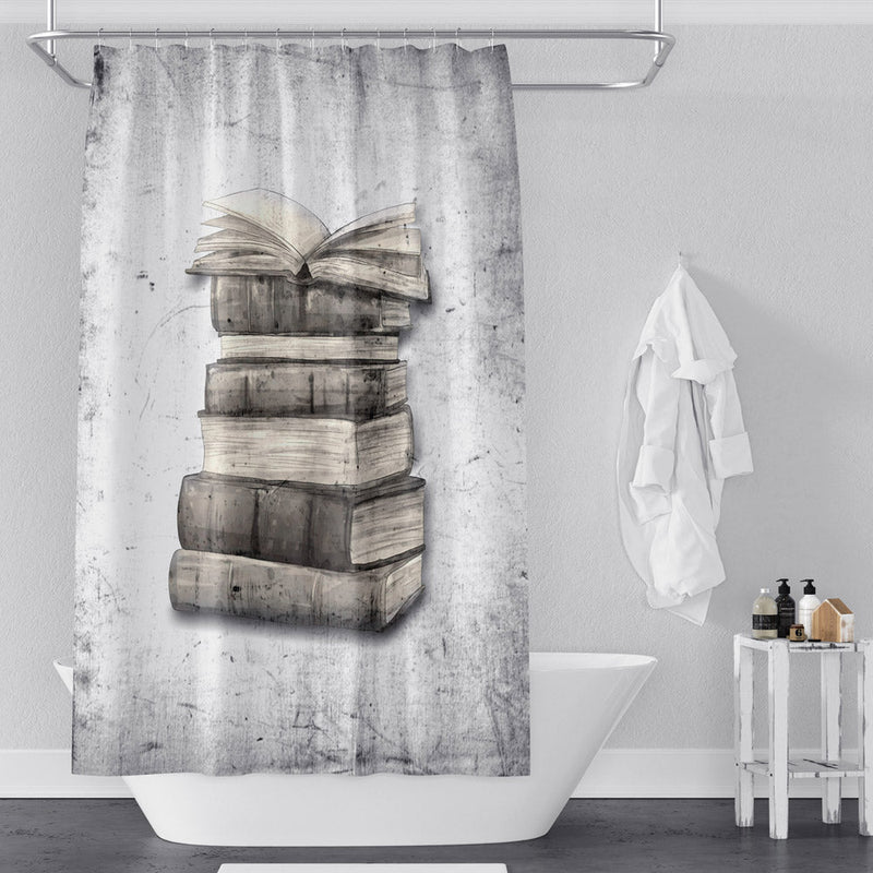 Stack of Books Shower Curtain - Rustic Brown and Grey - Deja Blue Studios