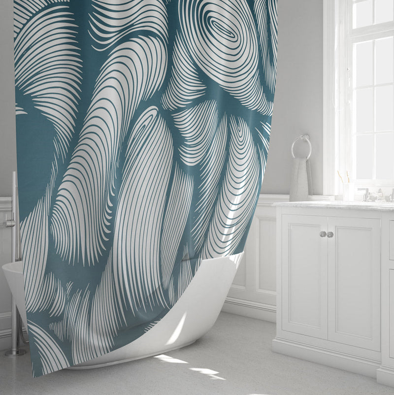 Blue and White Abstract Spiral Line Shower Curtain - Deja Blue Studios