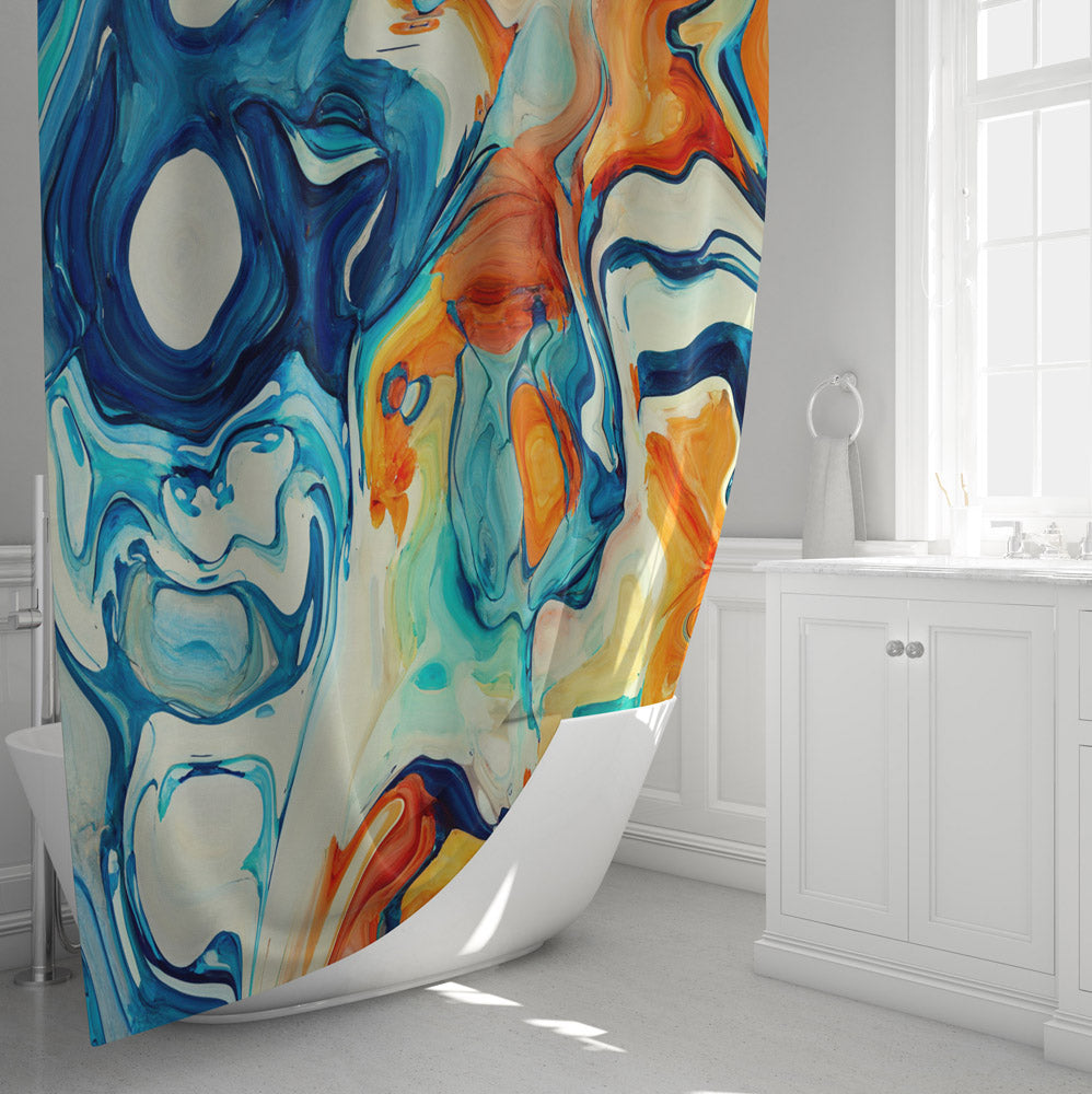 Blue and Orange Abstract Acrylic Pour Print Shower Curtain - Deja Blue Studios
