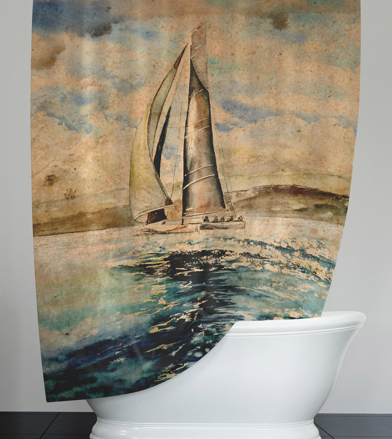 Nautical Shower Curtain - Brown and Blue Vintage Style Sailboat on the Water - Deja Blue Studios