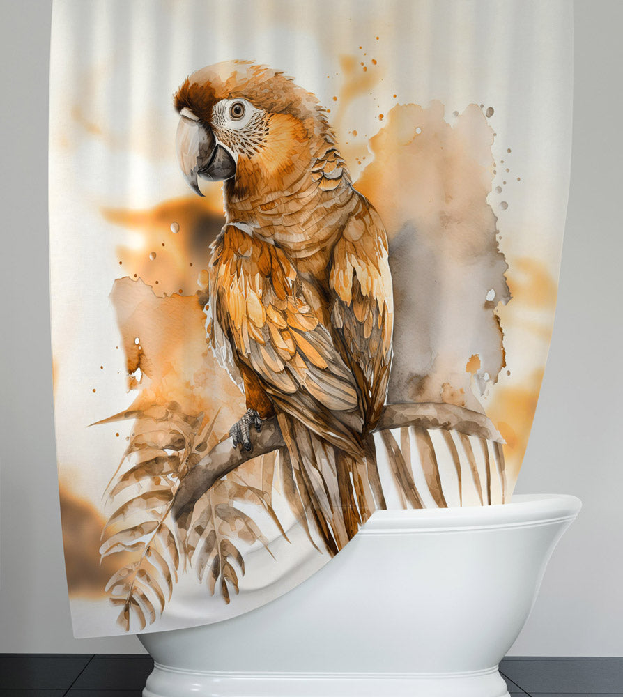 Exotic Bird Shower Curtain - Organge Watercolor Perching Parrot - Deja Blue Studios