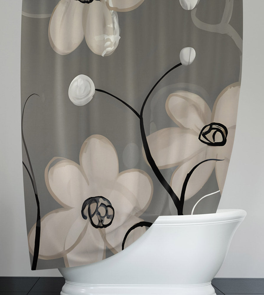 Floral Shower Curtain - Beige and Gray Contemporary Print - Deja Blue Studios