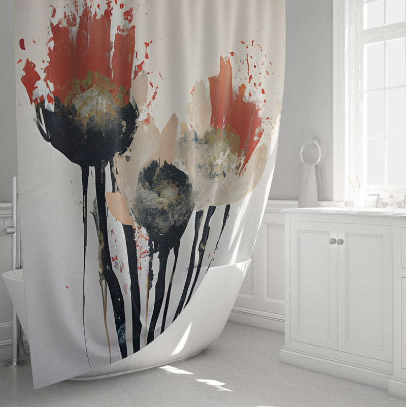 Floral Shower Curtain - Black, Beige, Modern Watercolor - Deja Blue Studios