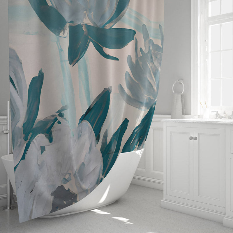 Floral Shower Curtain - Abstract Blue Waterlily Print - Deja Blue Studios
