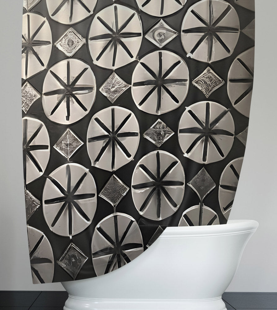 Abstract Shower Curtain - Black and Gray Art Deco Sand Dollars - Deja Blue Studios