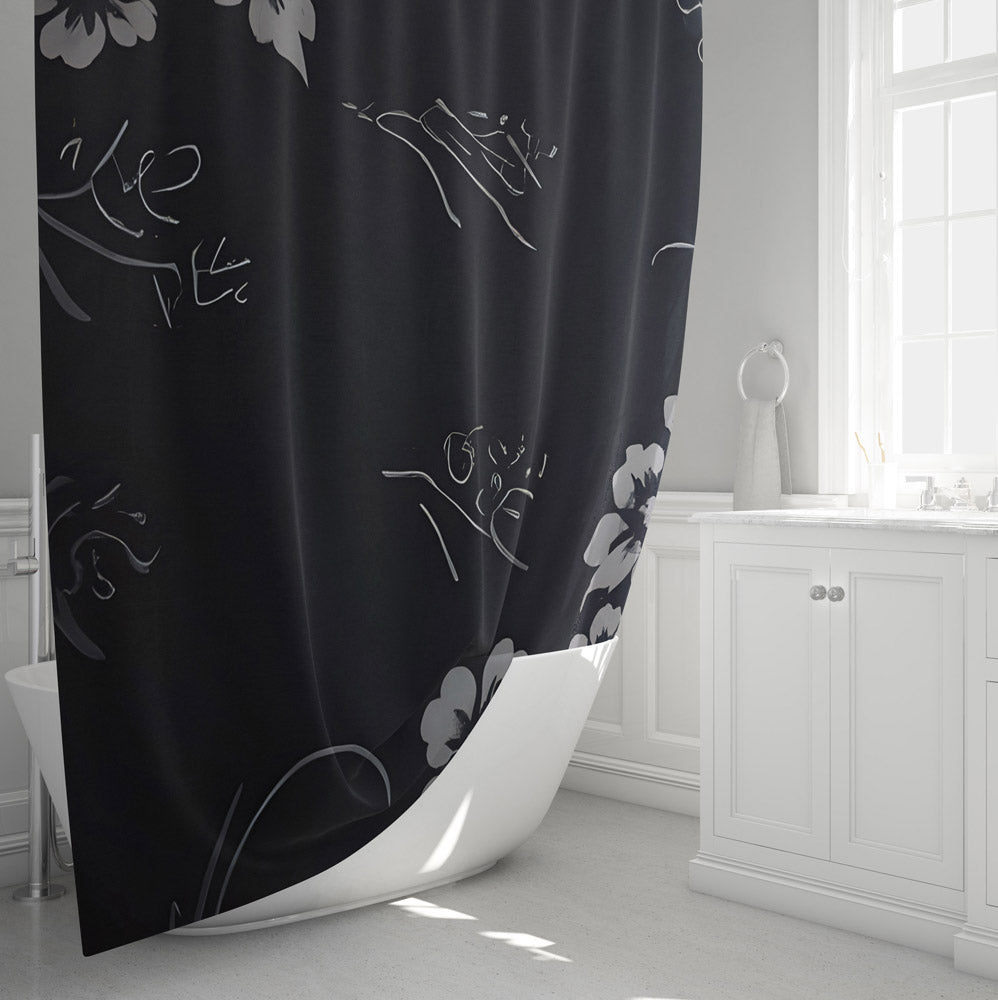Minimalist Shower Curtain - Black and Gray Floral Print - Deja Blue Studios