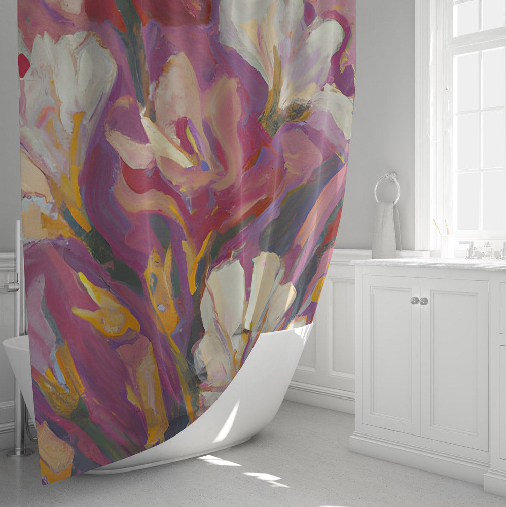 Floral Shower Curtain - Pink and White Painted Flower Print - Deja Blue Studios