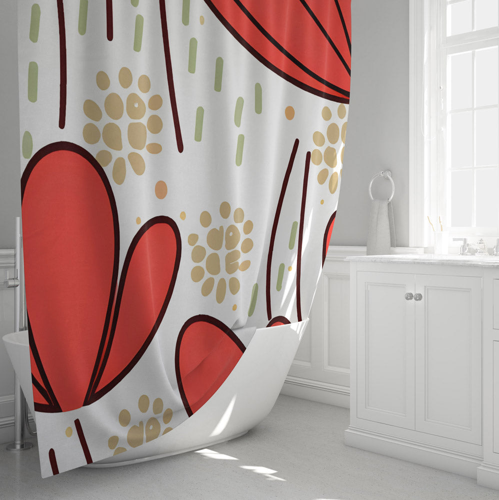 Whimsical Shower Curtain - Red and White Modern Floral - Deja Blue Studios
