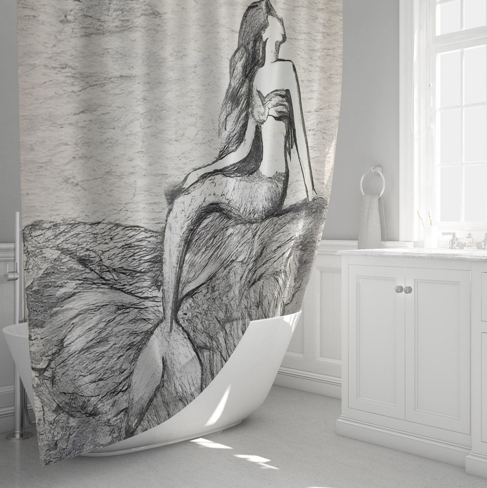 Nautical Mermaid Shower Curtain - Hand Drawn Sketch Style Print - Deja Blue Studios