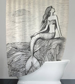 Nautical Mermaid Shower Curtain - Hand Drawn Sketch Style Print - Deja Blue Studios