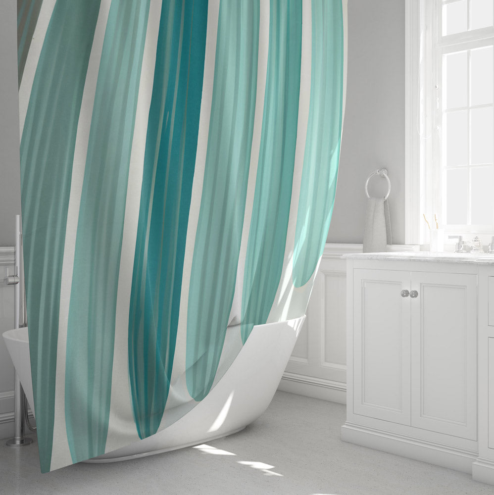Abstract Shower Curtain - Teal, Aqua, Blue Striped Pattern - Deja Blue Studios