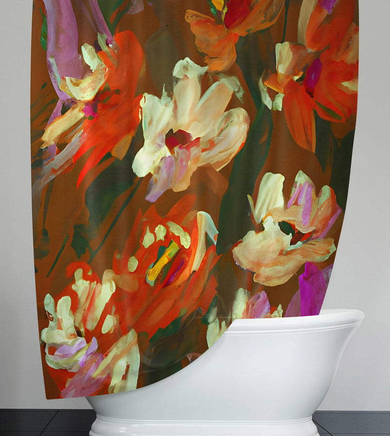 Floral Shower Curtain - Contemporary Red and Cream Painted Print - Deja Blue Studios