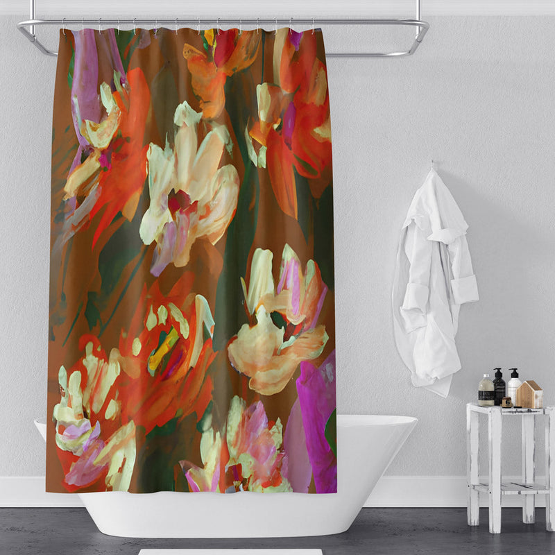 Floral Shower Curtain - Contemporary Red and Cream Painted Print - Deja Blue Studios