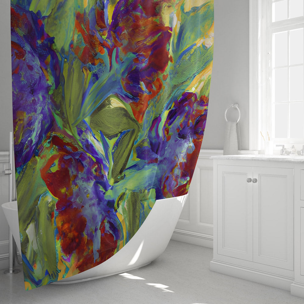 Floral Shower Curtain - Green, Purple and Red Contemporary Floral Pattern - Deja Blue Studios