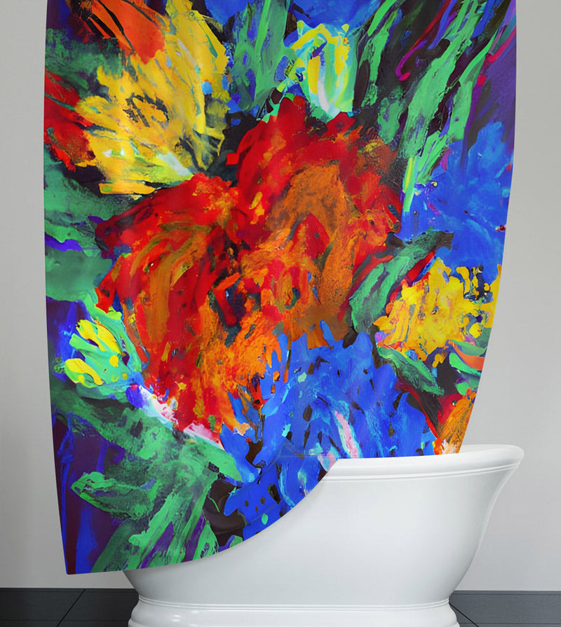 Floral Shower Curtain - Blue, Green and Red Bold Color Pattern - Deja Blue Studios