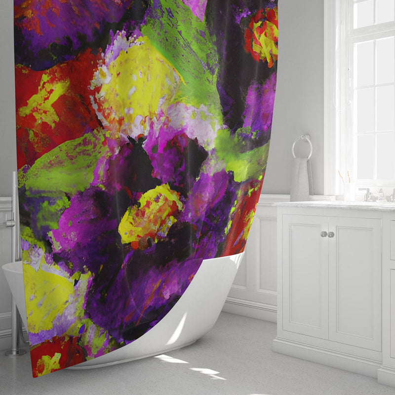 Abstract Shower Curtain - Purple and Green Painted Floral Print - Deja Blue Studios