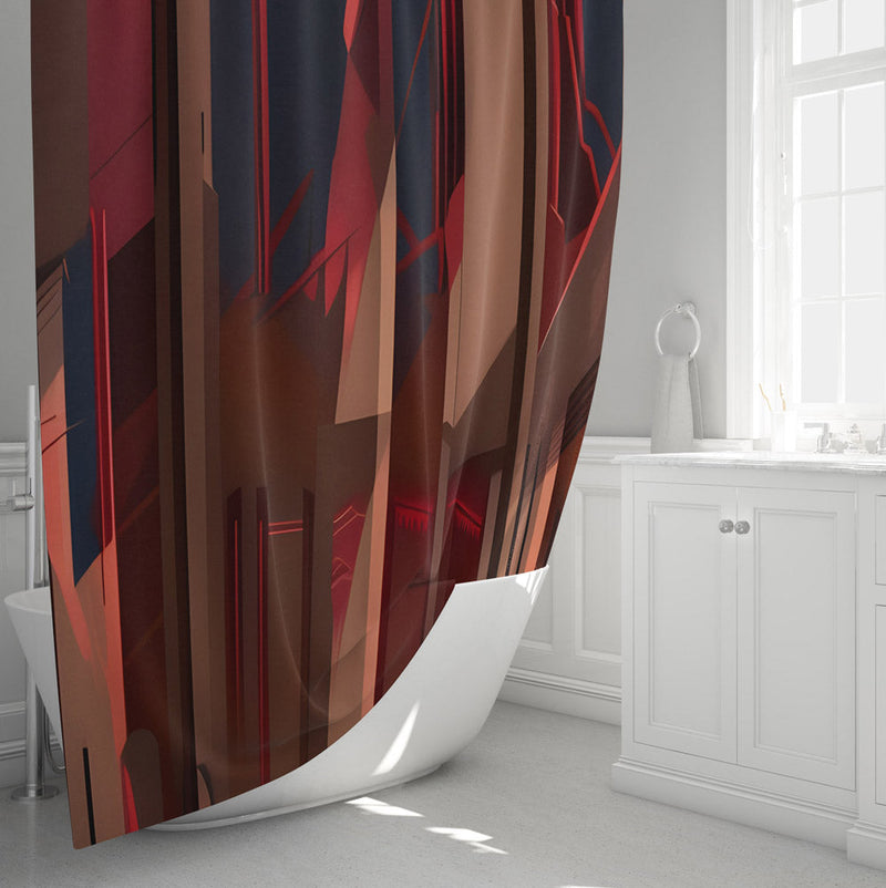 Abstract Shower Curtain - Red, Brown and Black Abstract Broken Stripes - Deja Blue Studios