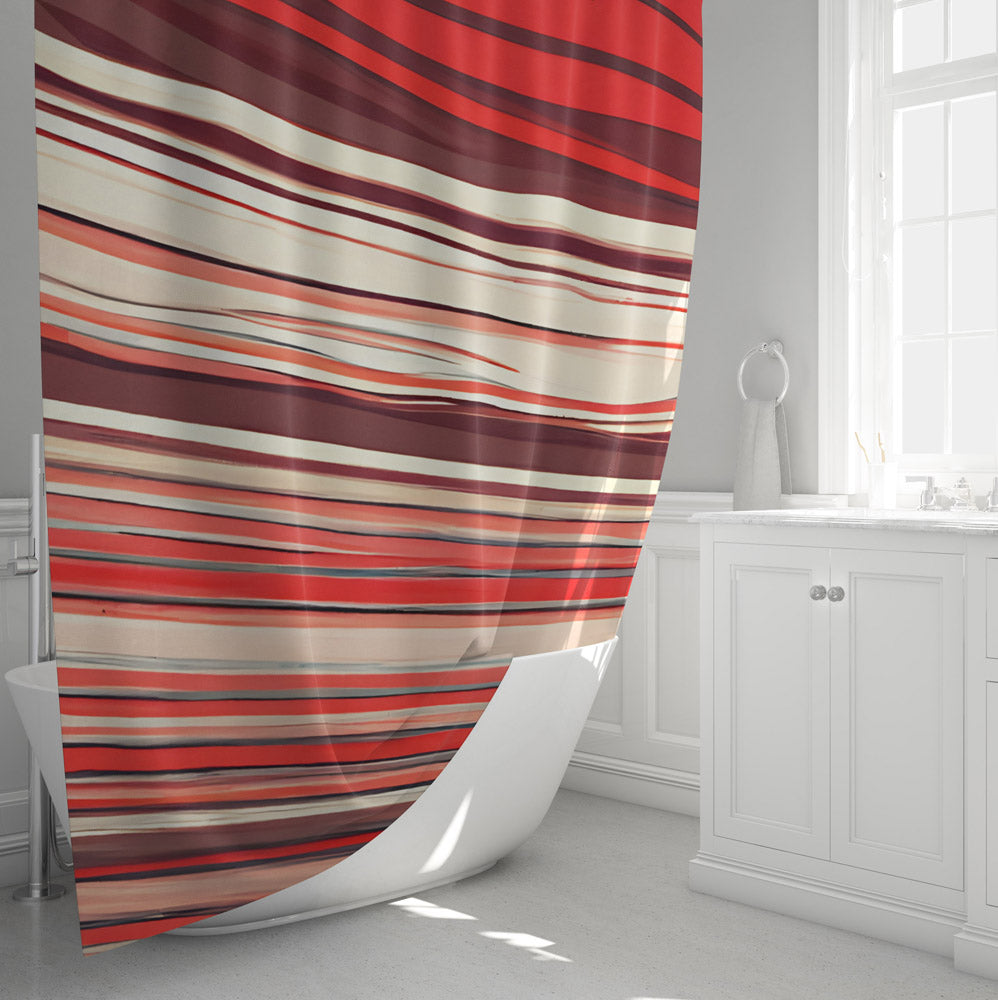Striped Shower Curtain - Red, White and Pink Horizontal Abstract Stripes - Deja Blue Studios