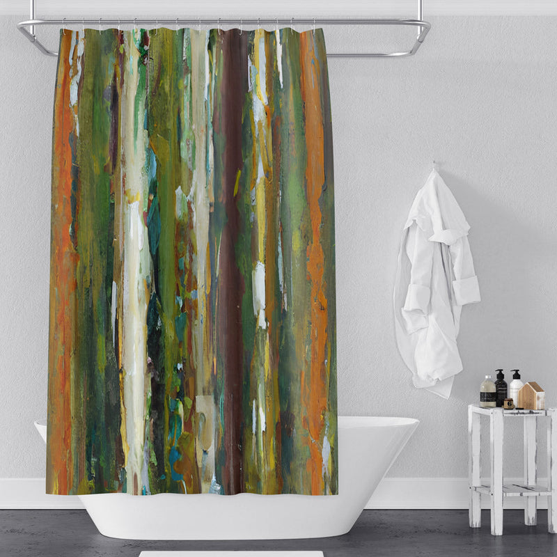 Abstract Striped Shower Curtain - Green and Orange Grunge Painted Stripes - Deja Blue Studios