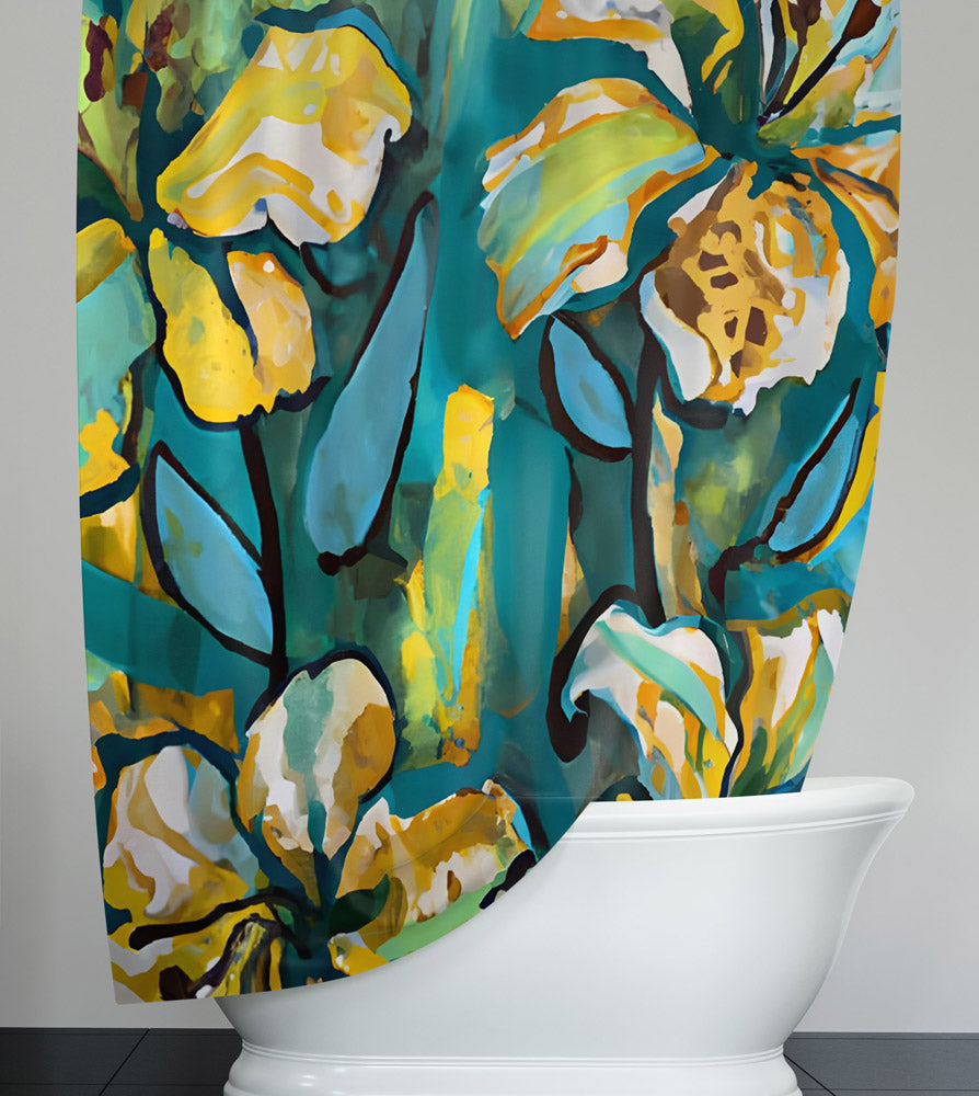 Painted Floral Shower Curtain - Blue, Yellow and Green Contemporary Print - Deja Blue Studios