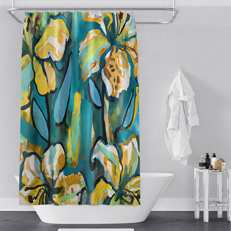 Painted Floral Shower Curtain - Blue, Yellow and Green Contemporary Print - Deja Blue Studios