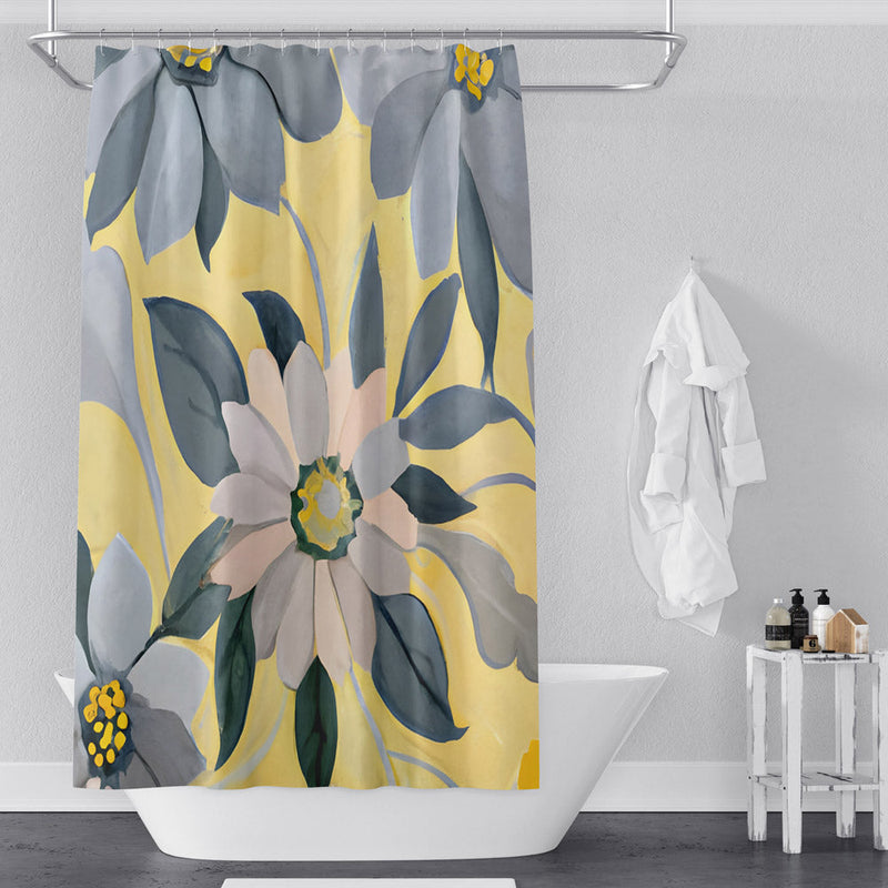 Painted Floral Shower Curtain - Yellow and Gray Simple Flower Print - Deja Blue Studios