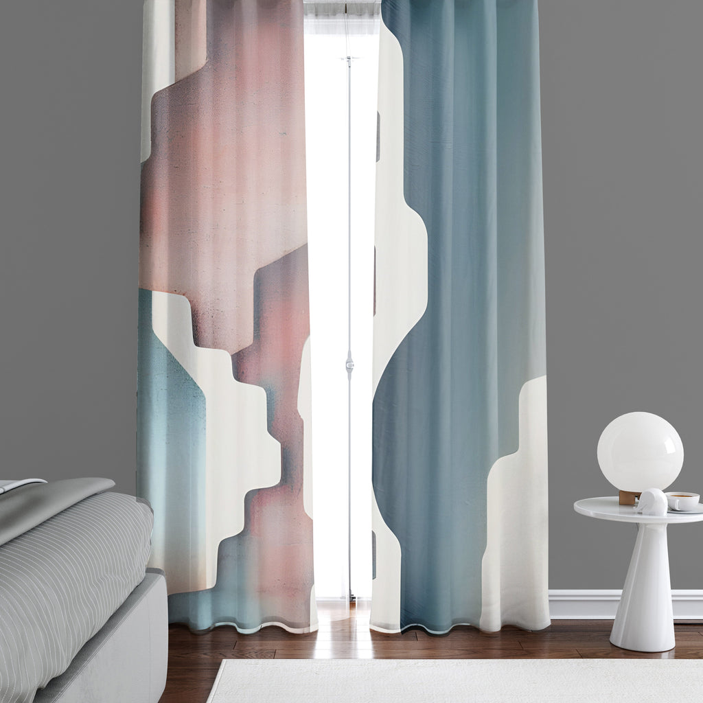 Abstract Window Curtains - Blue and Red Puzzle Piece Pattern - Deja Blue Studios