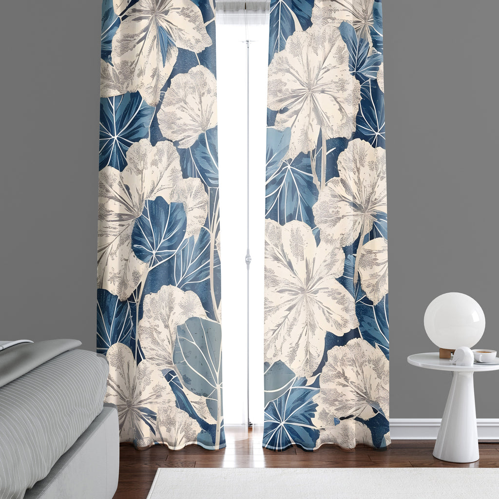 Country Cottage Window Curtains - Large Blue and Beige Leaf Floral Pattern - Deja Blue Studios