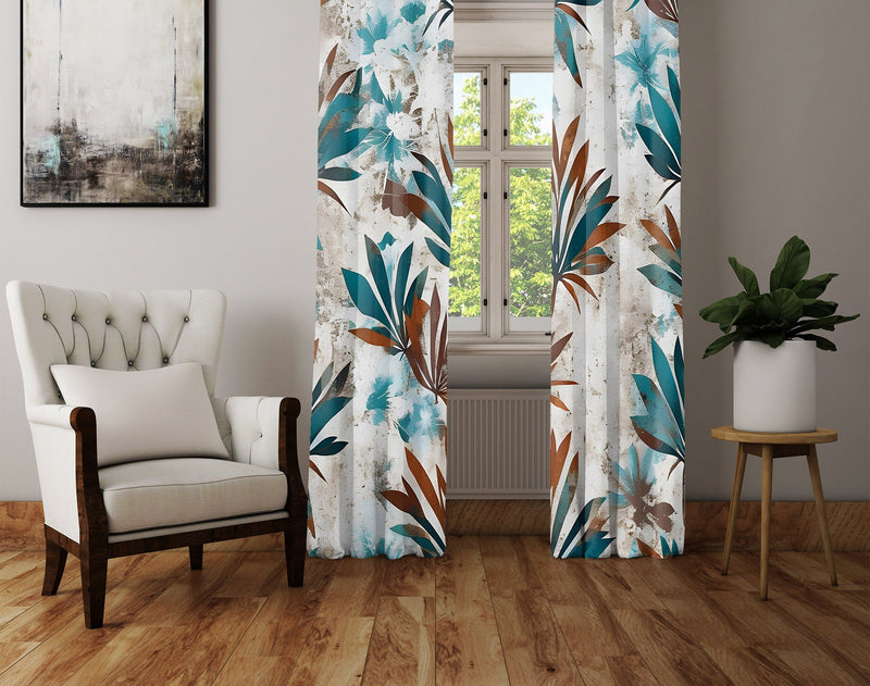 Floral Leaf Window Curtains - Red and Blue Cottage Style Print - Deja Blue Studios