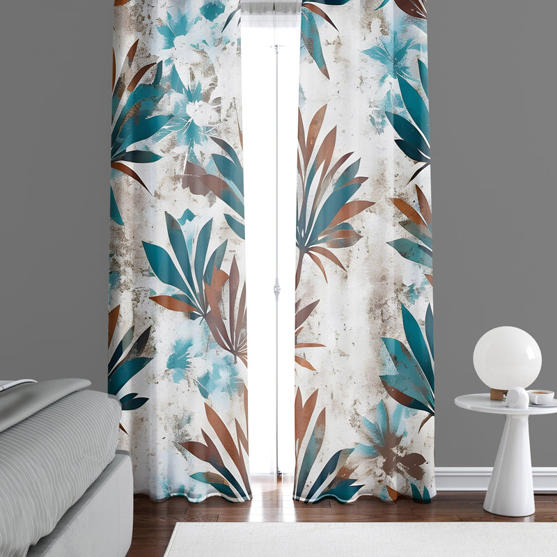 Floral Leaf Window Curtains - Red and Blue Cottage Style Print - Deja Blue Studios