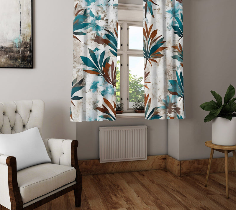 Floral Leaf Window Curtains - Red and Blue Cottage Style Print - Deja Blue Studios